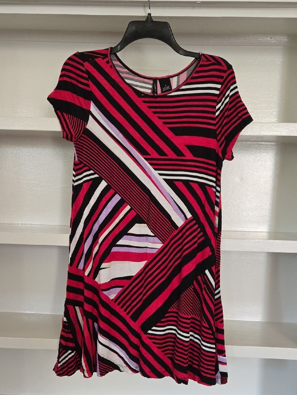 New Directions Pink, Black and White Striped Fit & Flare Dress